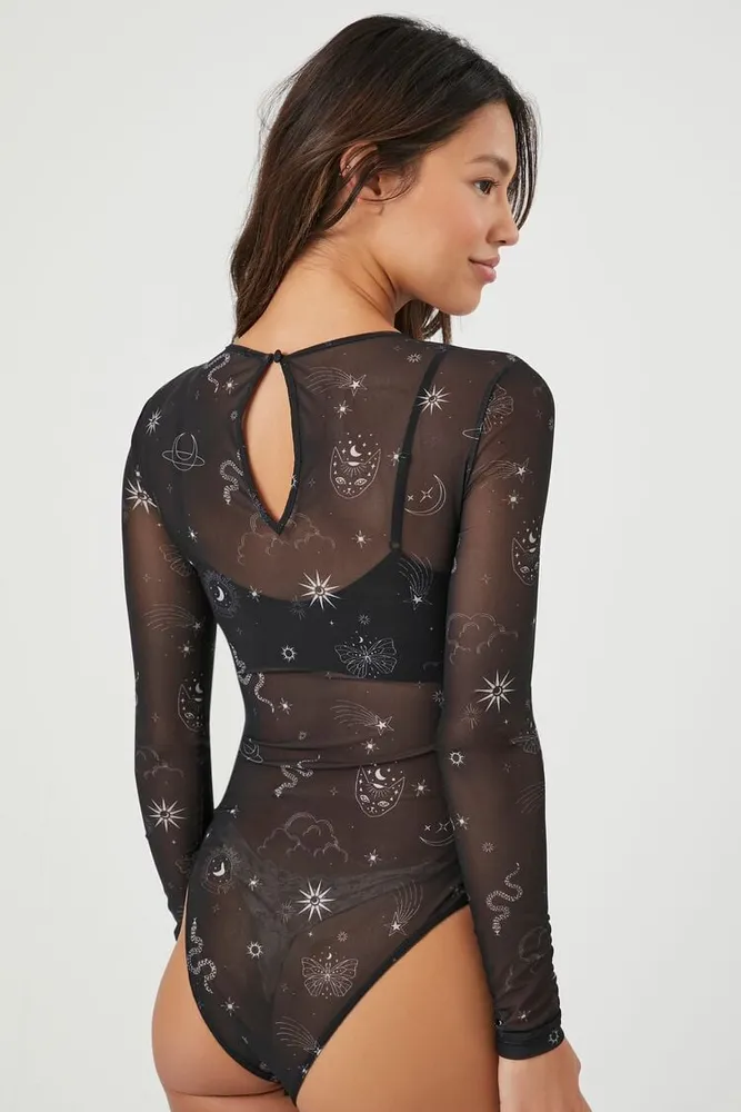 Women's Sheer Skeleton Graphic Bodysuit in Black/White Small