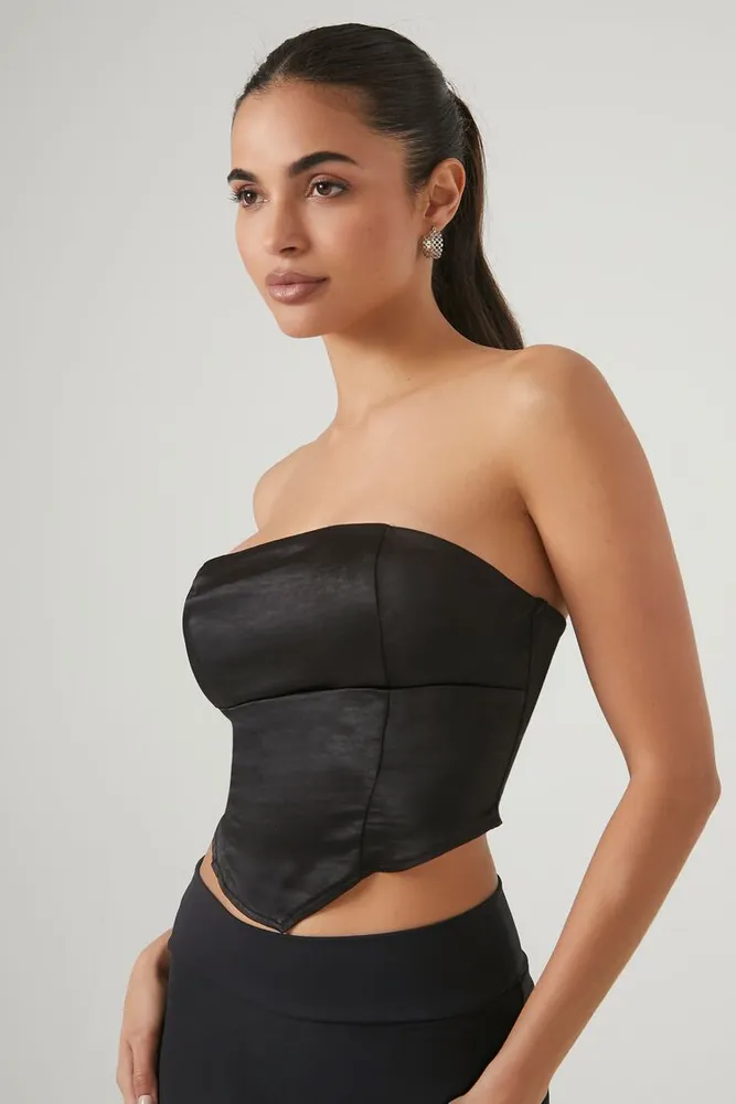 Women's Cropped Satin Tube Top in Black Small