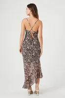 Women's Paisley Print Chiffon Midi Dress in Brown, XS