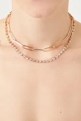 Women's Rhinestone Link Chain Layered Necklace in Gold/Clear
