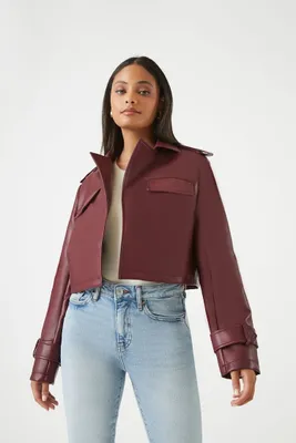 Women's Cropped Faux Leather Jacket in Dark Red Small