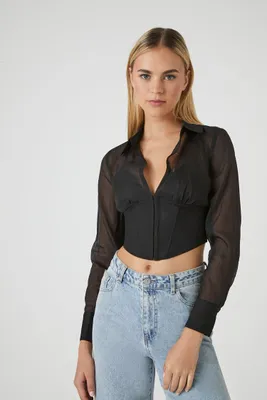 Women's Sheer Combo Hook-and-Eye Crop Top in Black Medium