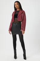 Women's Cropped Faux Leather Moto Jacket in Burgundy, XL