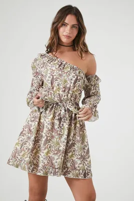 Women's One-Shoulder Paisley Mini Dress in Cream Medium
