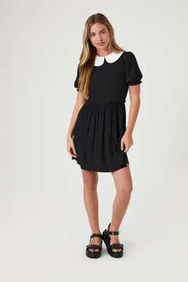 Women's Collar Puff-Sleeve Mini Dress in Black Small