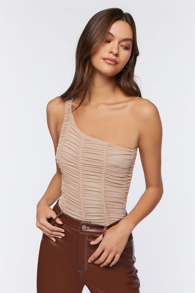 Women's One-Shoulder Ruched Bodysuit in Taupe Large