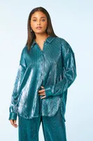 Women's Ribbed Metallic Shirt & Pants Set in Teal Small