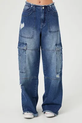 Women's Distressed Wide-Leg Cargo Jeans in Indigo, 28