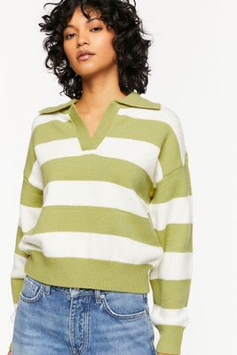 Women's Striped Collared Sweater in Green/Cream Medium