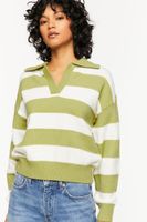 Women's Striped Collared Sweater in Green/Cream Small