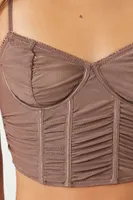 Women's Ruched Mesh Lingerie Corset in Deep Taupe Small