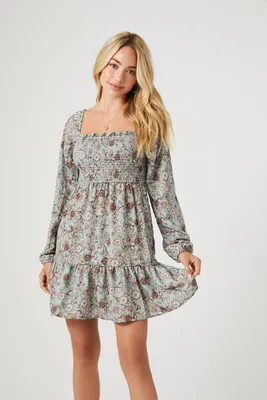 Women's Floral Paisley Print Mini Dress in Sage Large