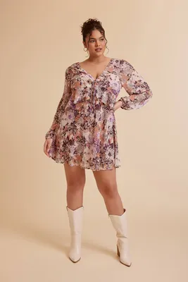 Women's Floral Print Mini Dress in Mocha/Lavender, 0X