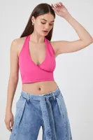 Women's Sweater-Knit Halter Crop Top in Pink Small