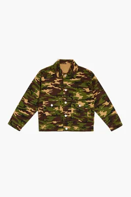 Girls Camo Print Trucker Jacket (Kids) in Olive, 13/14