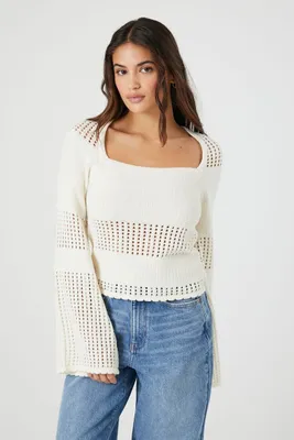 Women's Open-Knit Bell-Sleeve Sweater Small