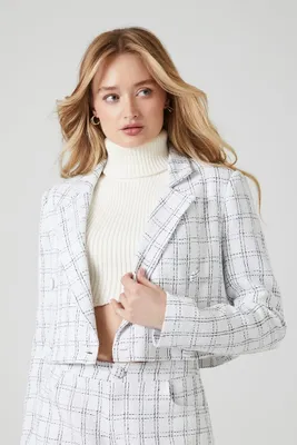 Women's Cropped Tweed Plaid Blazer in White/Black Large