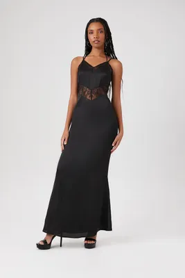 Women's Lace-Trim Satin Maxi Dress in Black Large