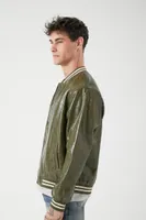 Men Faux Croc Varsity Bomber Jacket in Olive Medium