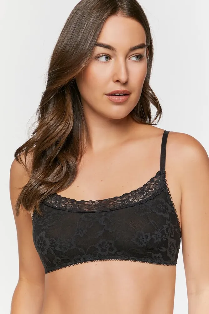 Forever 21 Women's Floral Lace Picot-Trim Bralette in Black Small
