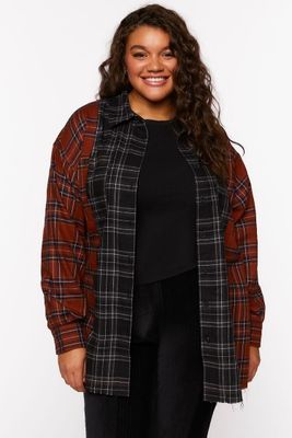 Women's Reworked Plaid Longline Shirt in Brown, 1X