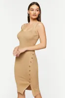 Women's Ribbed Asymmetrical-Button Midi Dress in Taupe, XL