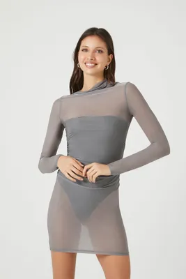 Women's Sheer Ruched Mini Dress in Dark Grey Small