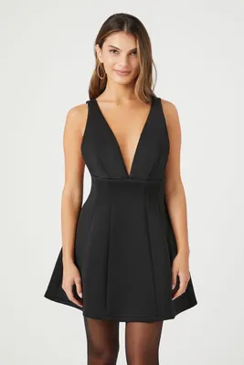 Women's Plunging Flare Mini Dress in Black Small