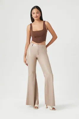 Women's Faux Leather Mid-Rise Flare Pants in Brown Small