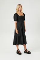 Women's Tiered Puff-Sleeve Midi Dress in Black, XS