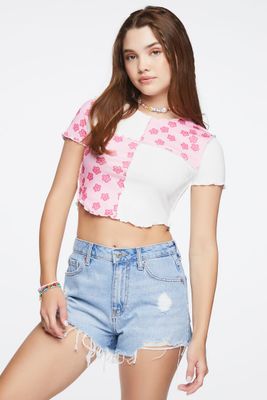 Women's Reworked Floral Print Cropped T-Shirt in White Large