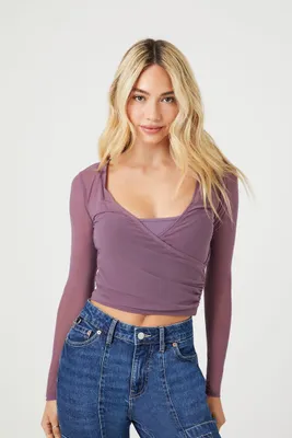 Women's Mesh Surplice Crop Top in Grape Shake Medium