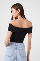 Women's Off-the-Shoulder Shirred Crop Top in Black, XS