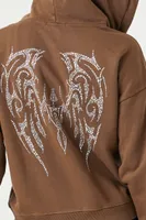 Women's Rhinestone Wing Graphic Zip-Up Hoodie in Brown Medium