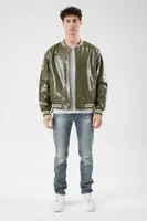 Men Faux Croc Varsity Bomber Jacket in Olive Small