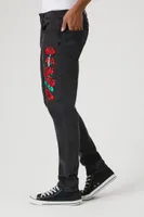 Men Embroidered Rose Skinny Jeans in Black, 33