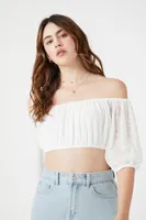 Women's Mesh Off-the-Shoulder Crop Top in White, XL