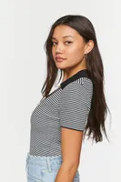 Women's Striped V-Neck Sweater-Knit Bodysuit in Black/White, XS