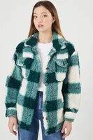 Women's Faux Shearling Plaid Shacket in Green Large