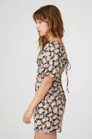 Women's Lace-Up Floral Print Mini Dress in Black, XS