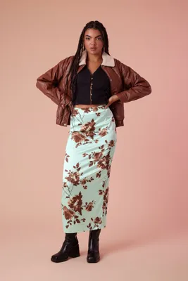 Women's Satin Floral Print Maxi Skirt in Green, XS