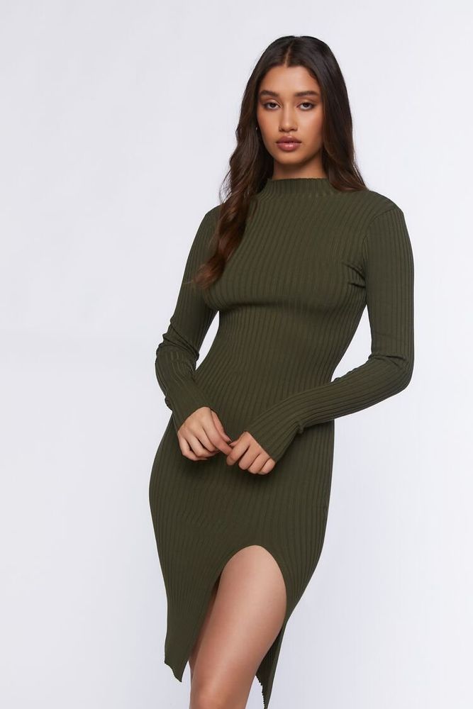 Women Ribbed Knee-Length Sweater Dress 