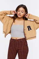 Women's Cropped Varsity Cardigan Sweater in Tan/Brown Medium