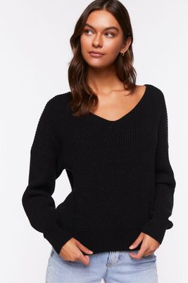 Women's Ribbed Drop-Sleeve Sweater in Black Small