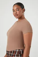 Women's Ribbed Knit Crew T-Shirt in Ash Brown, 0X