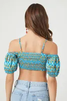 Women's Abstract Off-the-Shoulder Crop Top in Blue Small