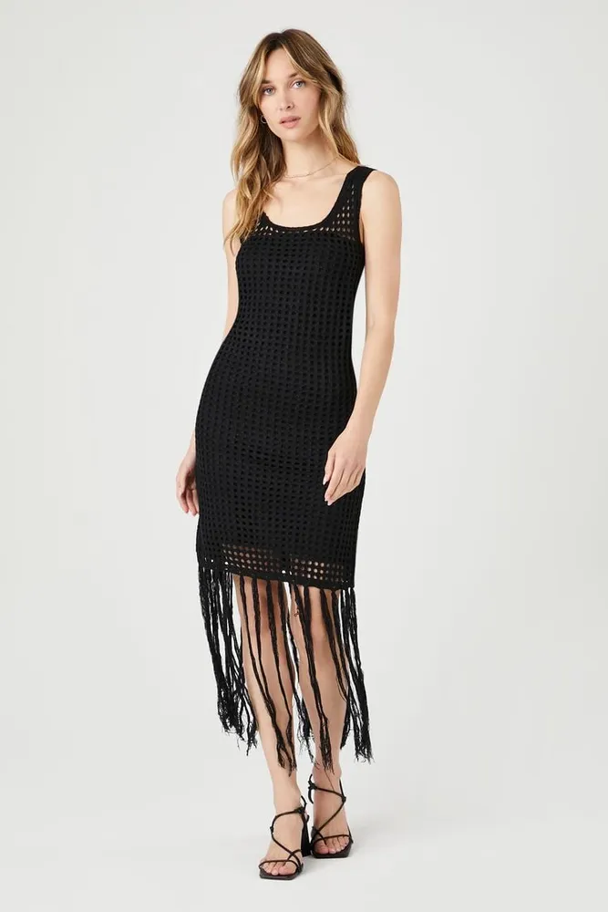 Women's Crochet Sweater-Knit Fringe Dress in Black Medium