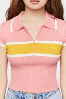 Women's Half-Zip Striped Cutout Top in Pink Small