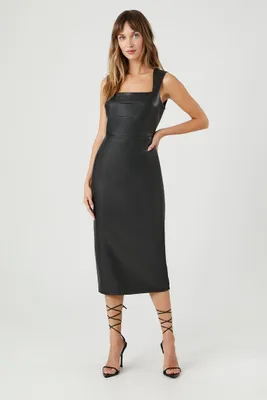 Women's Faux Leather Sleeveless Midi Dress in Black, XL