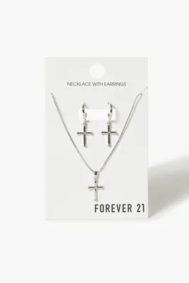 Women's Cross Necklace & Drop Earring Set in Silver